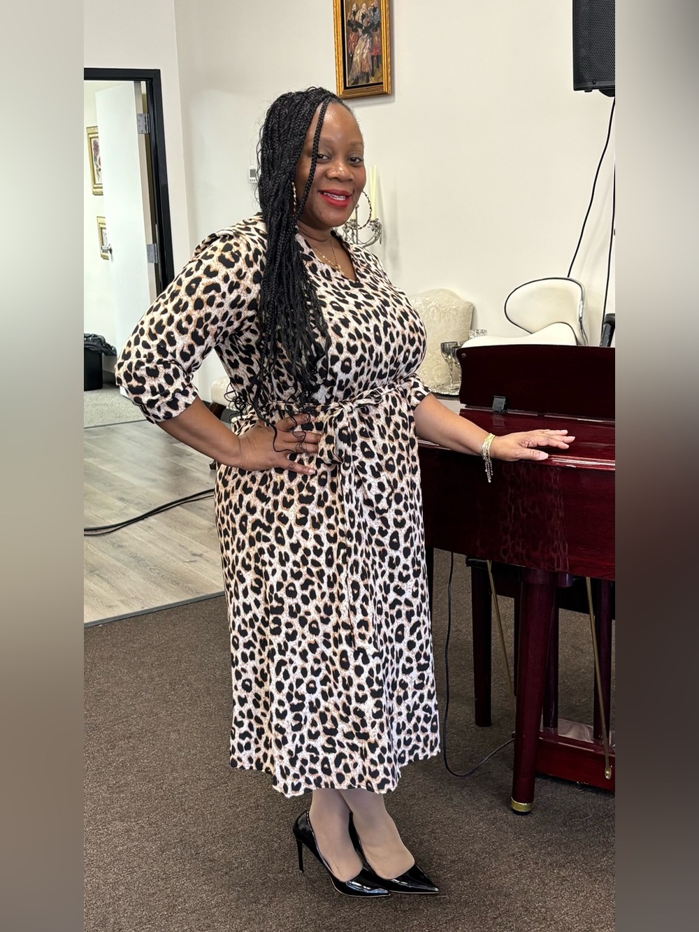 Leopard Print Tie-Waist Midi Dress - Beige/Black